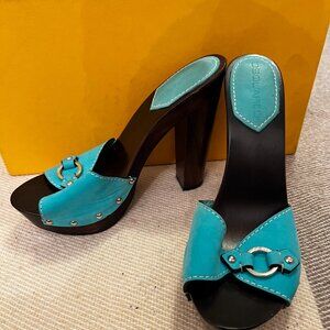 Dsquared2 Turquoise Teal Blue Leather Suede 5 Inch Wooden High Heels Shoes